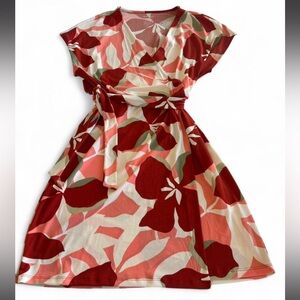 NWT Nine West Red and Coral Floral Faux Wrap Midi Dress